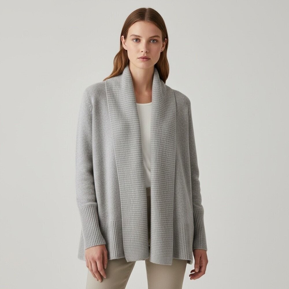 Saks Fifth Avenue Pearl Gray Cashmere Shawl Collar Cardigan Size Small